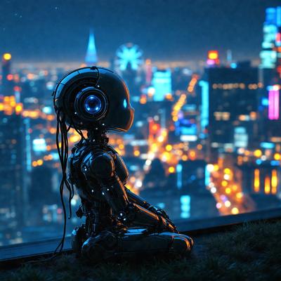 The primary subject of the image is a robot sitting on a grassy surface, overlooking a city at night. The robot appears to be a futuristic, humanoid-like figure, with a mix of metallic and organic elements. The setting is a cityscape at night, with a backdrop of buildings and a skyline. The visual style of the image is a combination of photo and digital art, creating a surreal and captivating atmosphere. The colors and mood of the image are predominantly